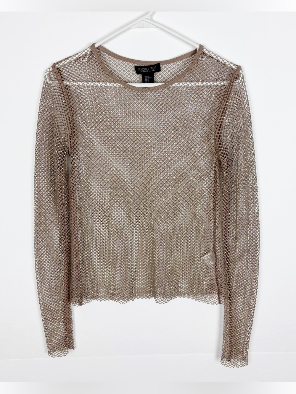 Rachel Zoe Crystal Embellished Mesh Long Sleeve Top Size XS Fishnet Festival